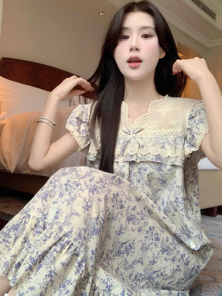 

2025 Palace Style женская кружевная летняя ночная рубашка с коротким рукавом миди пижама Medium