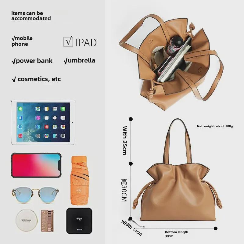 Women's Genuine Leather Pleated Bucket Bag - Autumn/Winter Shoulder Tote