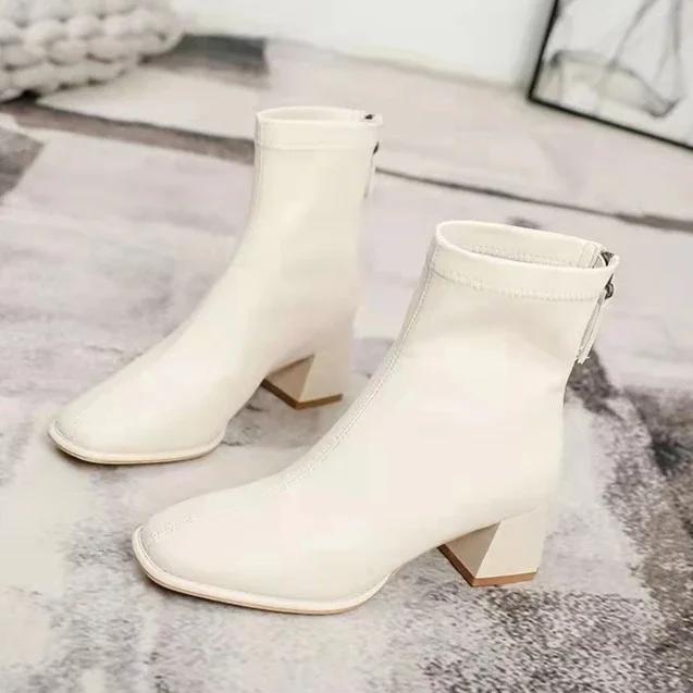 Women Outdoor Square Toe Ankle Boots Women Comfortable Fashion Designer Shoes Mid Heels Zipper Boots Big Size Shoes For Women