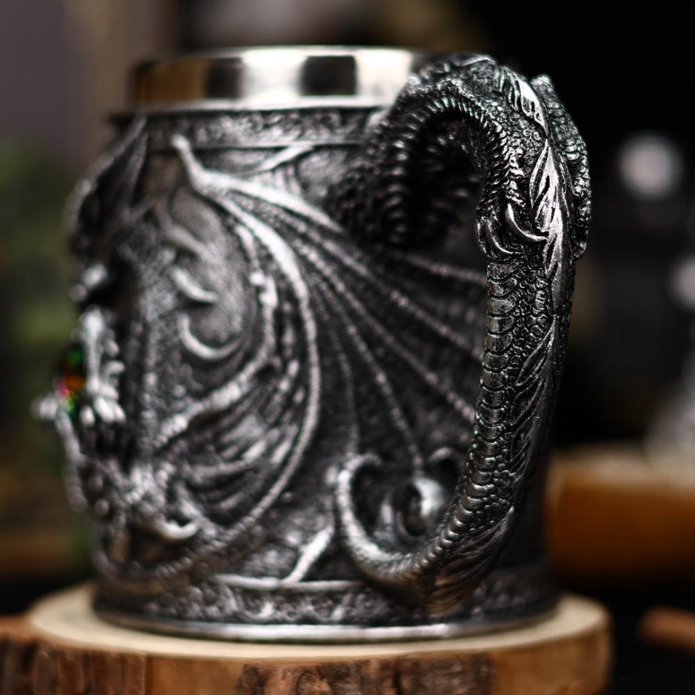 304 Stainless Steel Inner Gothic Flying Dragon Beer Stein Insulated Drinking Cup Vintage