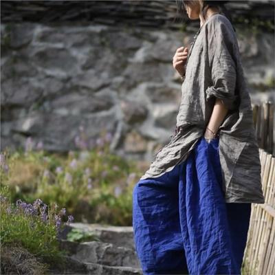 Women Vintage Shirts V-Neck Long Sleeve Blouses Autumn Solid Color Loose Chinese Style Female Shirts