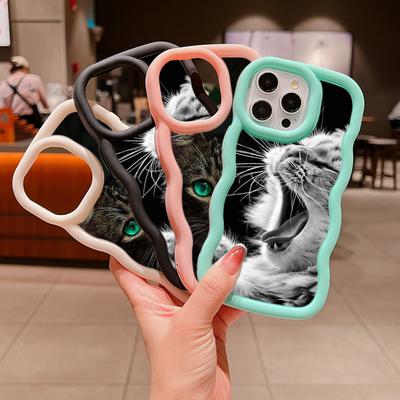 Macaron Big Wave Soft Phone Case für iPhone 11 12 13 14 15 Samsung A15 A23 A24 A25 A54 A55 Xiaomi Redmi Note 13 Cover A41 Coole Katze Schwarz Design Art