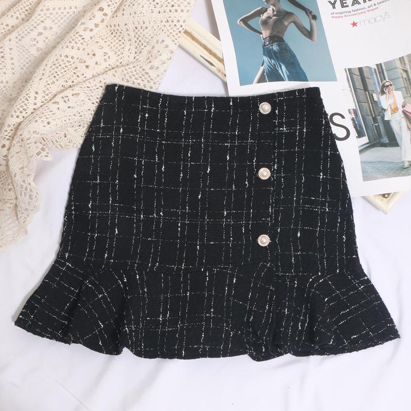 2023 Plaid Tweed High-Waisted Fishtail Mini Skirt