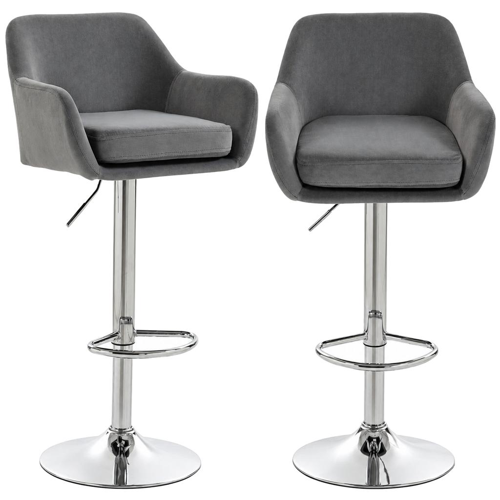 Set of 2 Swivel Bar Stools In Velvet with Adjustable Height, Footrest, Backrest, Metal Base, Gray