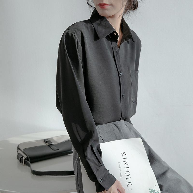 Blaue Ski-Spinning-Hemd aus Seide für Damen im Frühling und Herbst, Einzeltasche, Retro-Design, Temperament, Langarmbluse