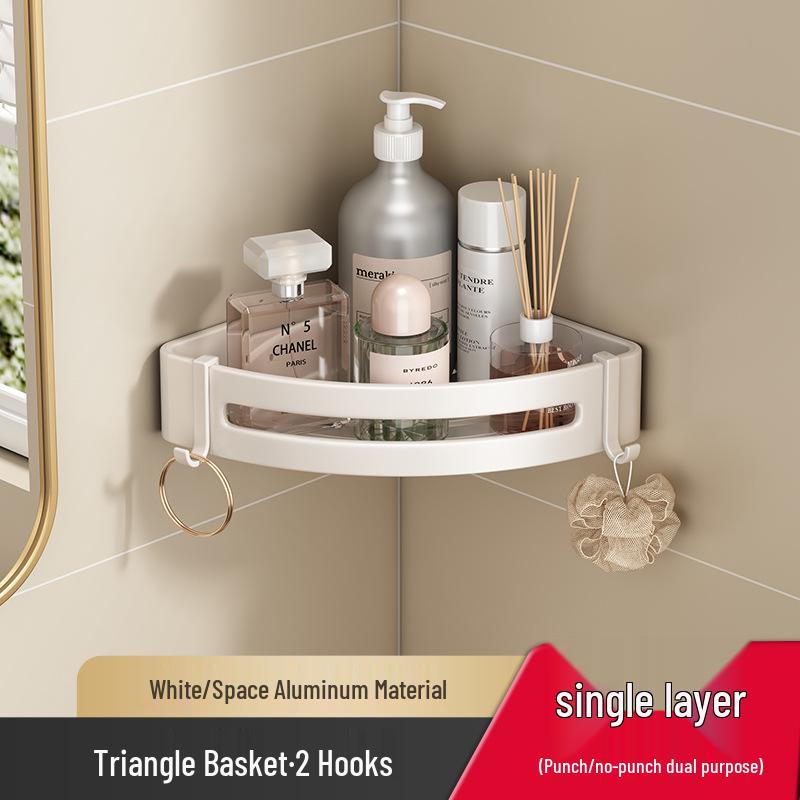 White No-Drill Bathroom Shelf: Triangle Shower Storage Rack for Gel & Sanitizer