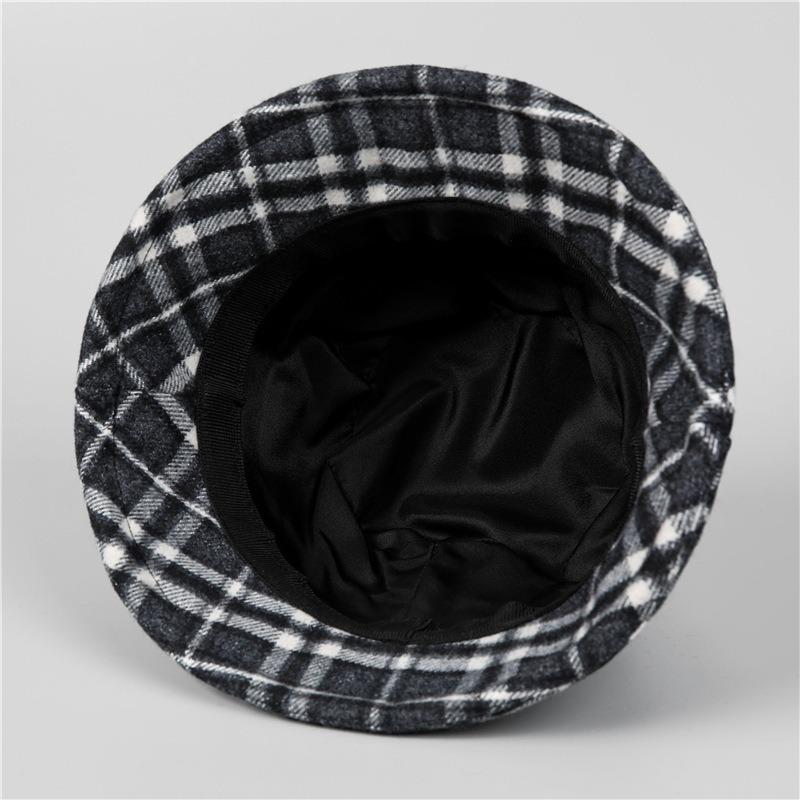 Mid-autumn Winter Hat Ladies Warm Thickened Woolen Basin Hat Plaid Bucket Hat