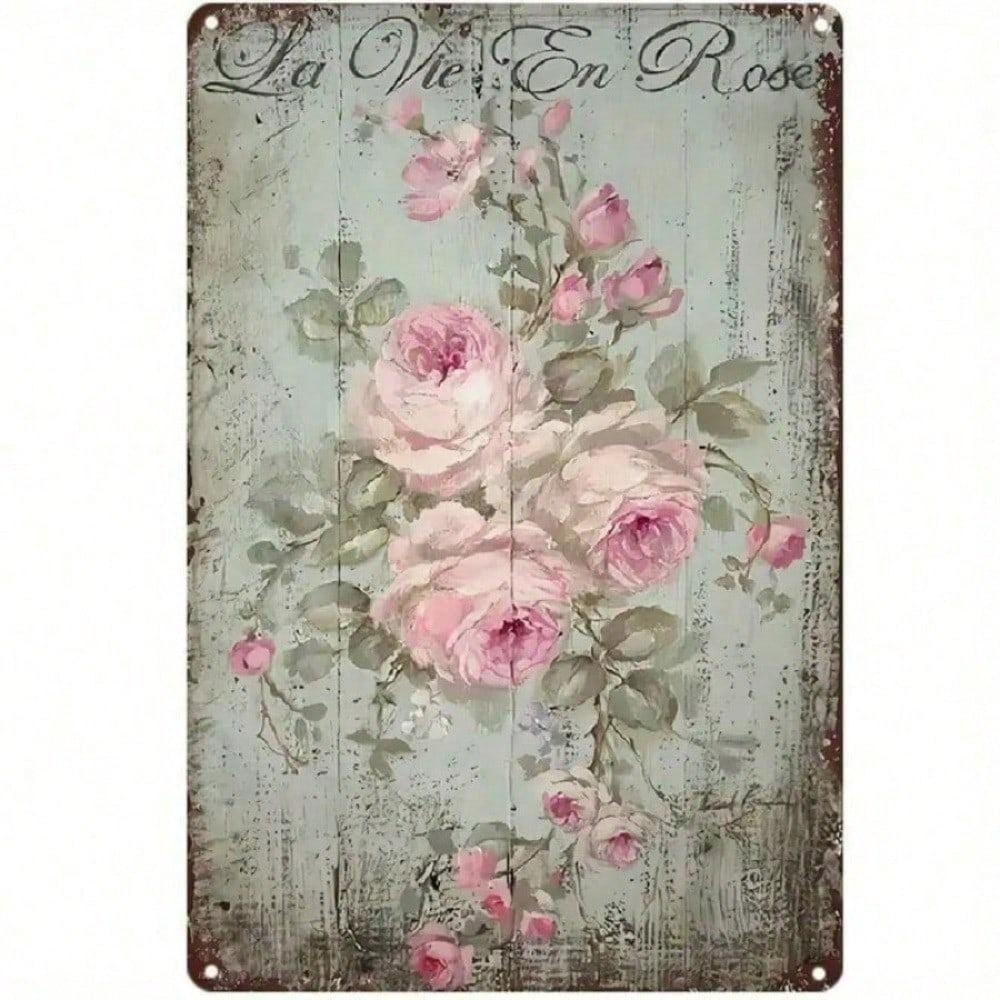 Vintage Metal Wall Sign French Country Rustic Farmhouse Decor Floral Tin Art 20x30cm