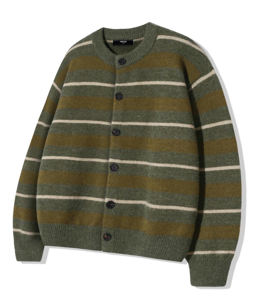 TRILLION Washable Hairy Striped Button Cardigan Knit_Khaki