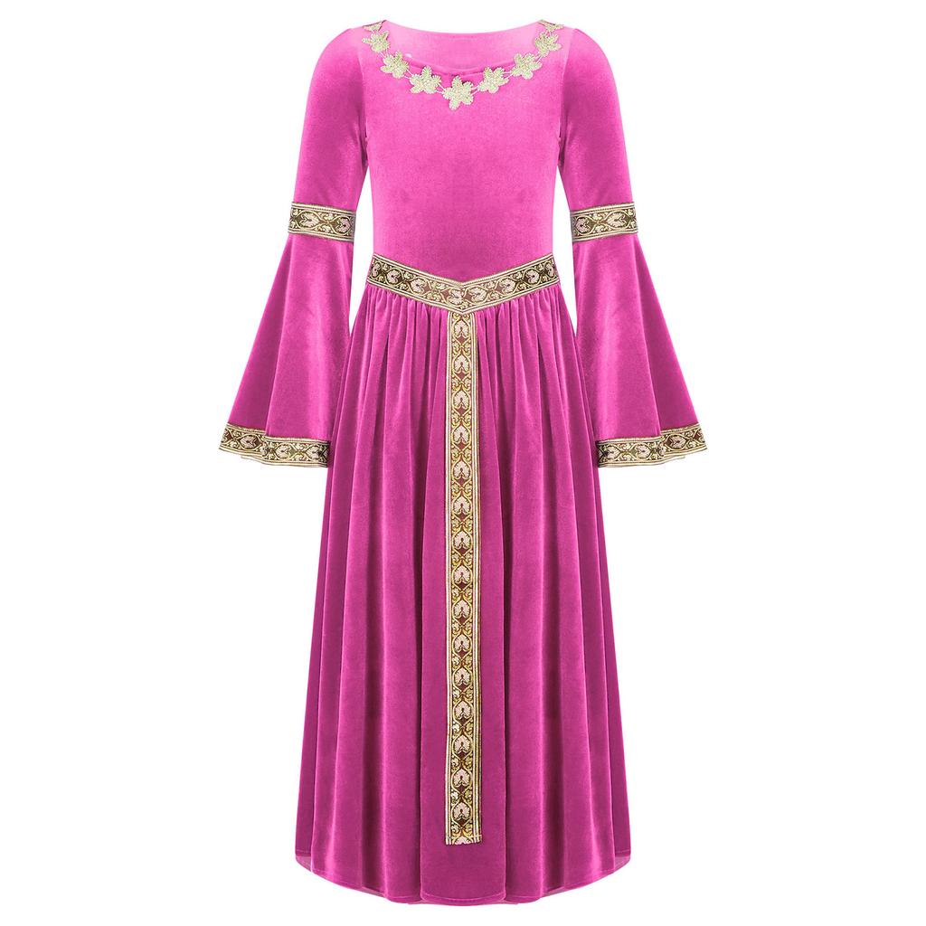 Girls Medieval Princess Velvet Dress Long Flare Sleeve Retro Patterned Band Dress Up Costume Royal Party Gown