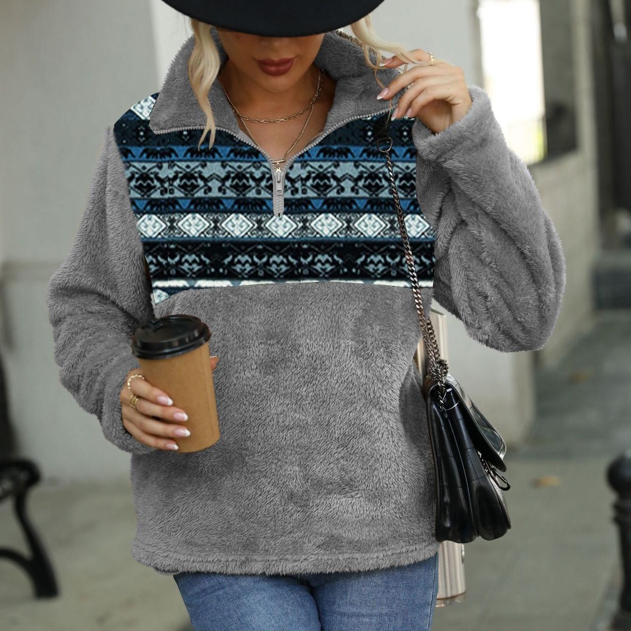 

GMXIA Женская плюшевая толстовка-пуловер свободного кроя с длинными рукавами, воротником-стойкой на полумолнии XL темно-серого