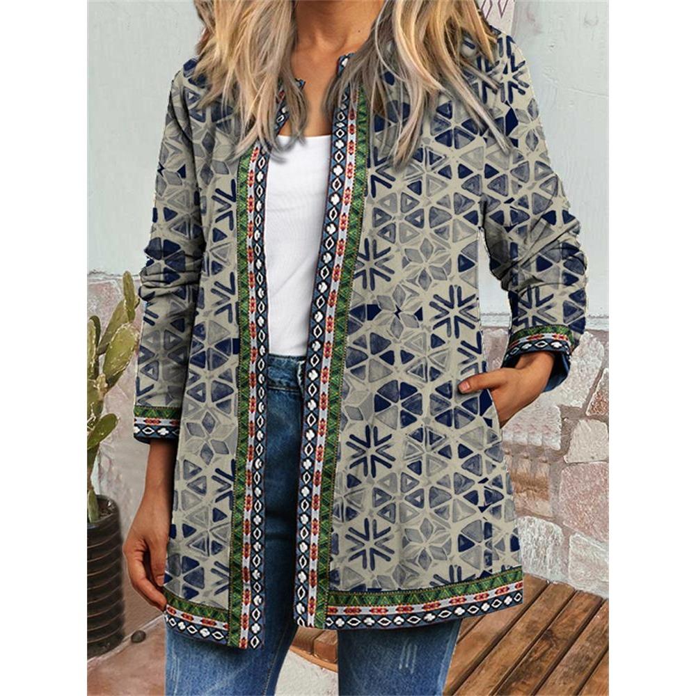 GMXIA Herbst Winter Vintage Ethnischer Stil Druck Übergröße Jacke Strickjacke Damenbekleidung