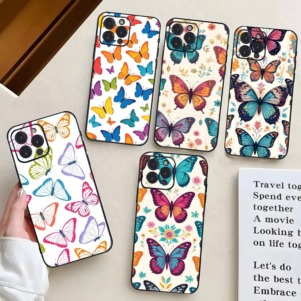 Art Butterfly For IPhone 17 Air 16 15 14 13 12 11 Pro Black Soft Cover Phone Case