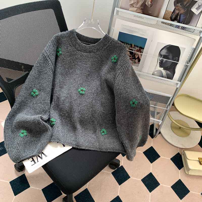 Sweater Women Winter Knitted Pullover Fir Loose Vintage Embroidered Flowers Knit Sweater
