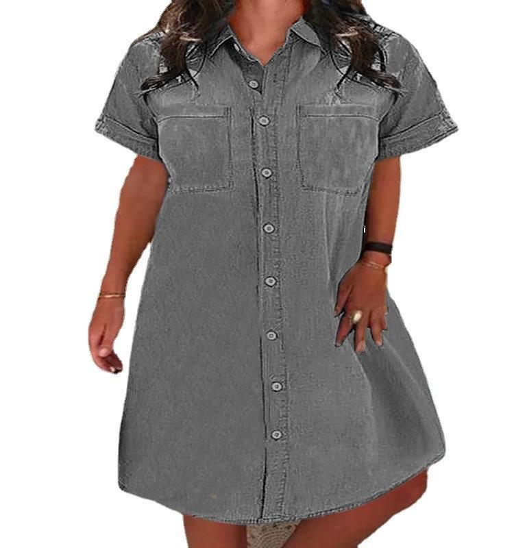 Women's Turn Down Collar Short Sleeve Midi Denim Dress Loose Fit Single Breasted Chest Pocket Solid Jean Shirt Dress Vintage Summer Casual Tunic Dress