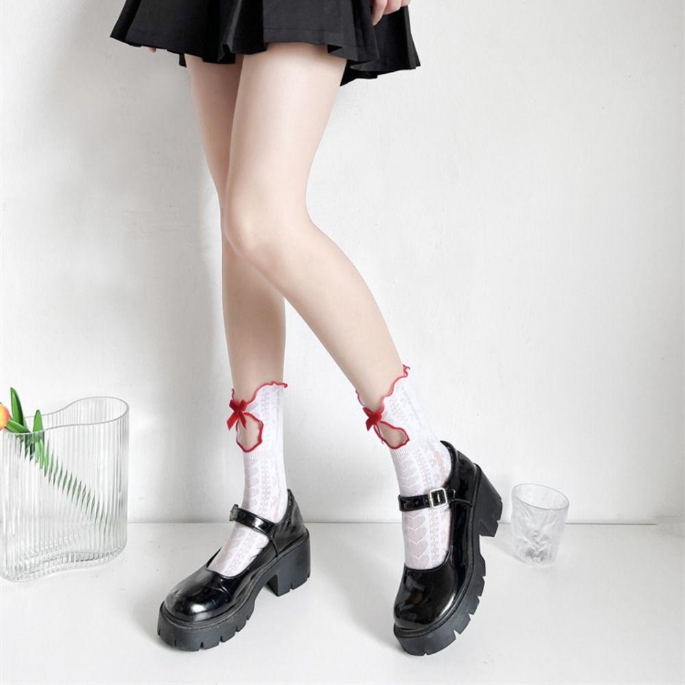 Hollow Out Women Lolita Socks Mesh Jk Hosiery Cute Bow Lace Socks  Lady