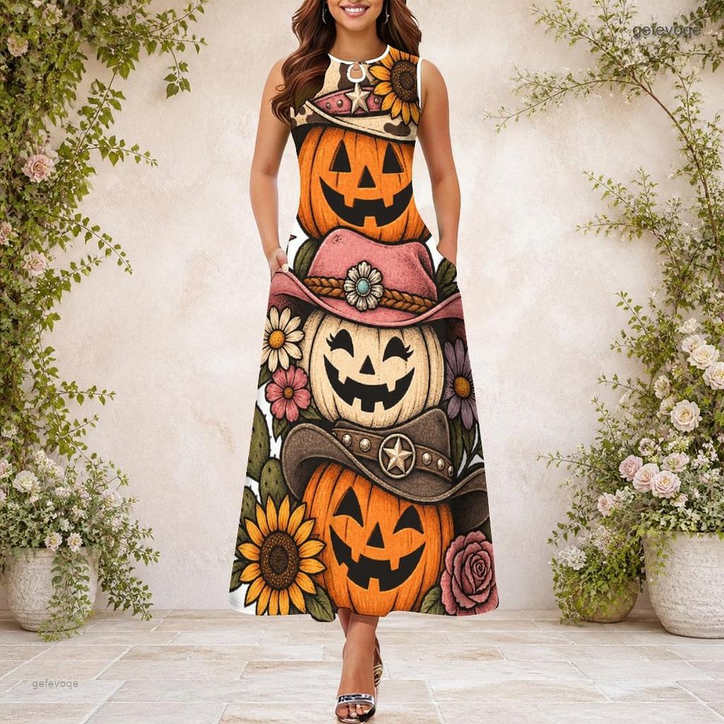 Women Plus Size Keyhole Neck Sleeveless Halloween Sloth Print A Line Long Dress