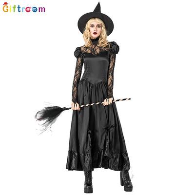 Western Halloween Stage Performance Costume Plus Size Witch Pure Black Jumpsuit Group Lace Stitching Witch Long Skirt
