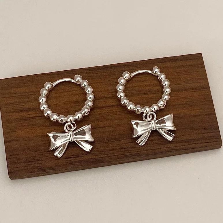 PONYKISS Sterling Silver Needle Minimalist Bowknot Hoop Earrings for Women Cute Fashion Light Luxury Accessories