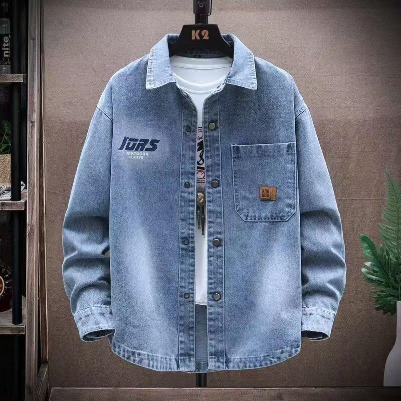 Men's Trendy Turn-Down Collar Long Sleeve Denim Jacket - Casual Spring/Autumn Workwear for Teens and Students