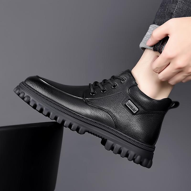 2024 Winter Shoes Men Ankle Boots Fashion Brand Male Footwear Genuine Leather Warm Plush Flat Non-slip Pure Black D230