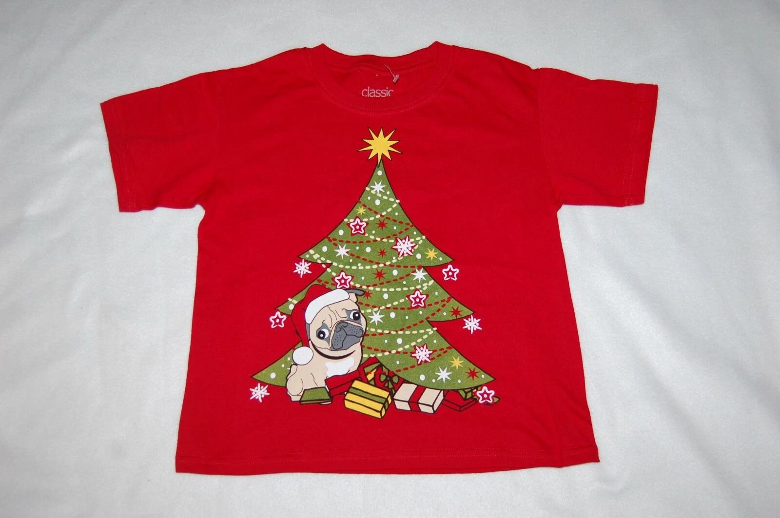 

Boys S/S Red T-Shirt CHRISTMAS TREE Presents PUG PUPPY DOG Santa Hat 140