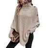Women's Winter High Collar Asymmetric Hem Cape Sweater, Button Decoration Bat Sleeve Fried Dough Twists Weave Texture