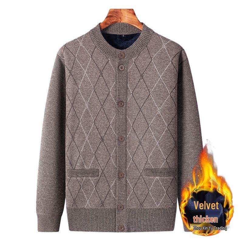 Men's Plus Velvet Knit Cardigan: Warm, Thick Sweater for Middle-aged and Elderly, Perfect for Autumn and Winter