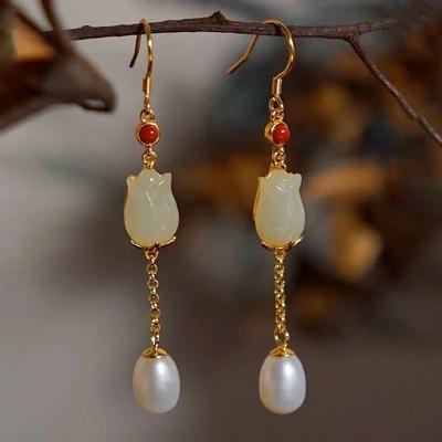 Orecchini pendenti lunghi con fiori di giada Hotan naturale e perle per donna, vintage, artigianato in oro antico, lusso, stile di corte, gioielli Hanfu