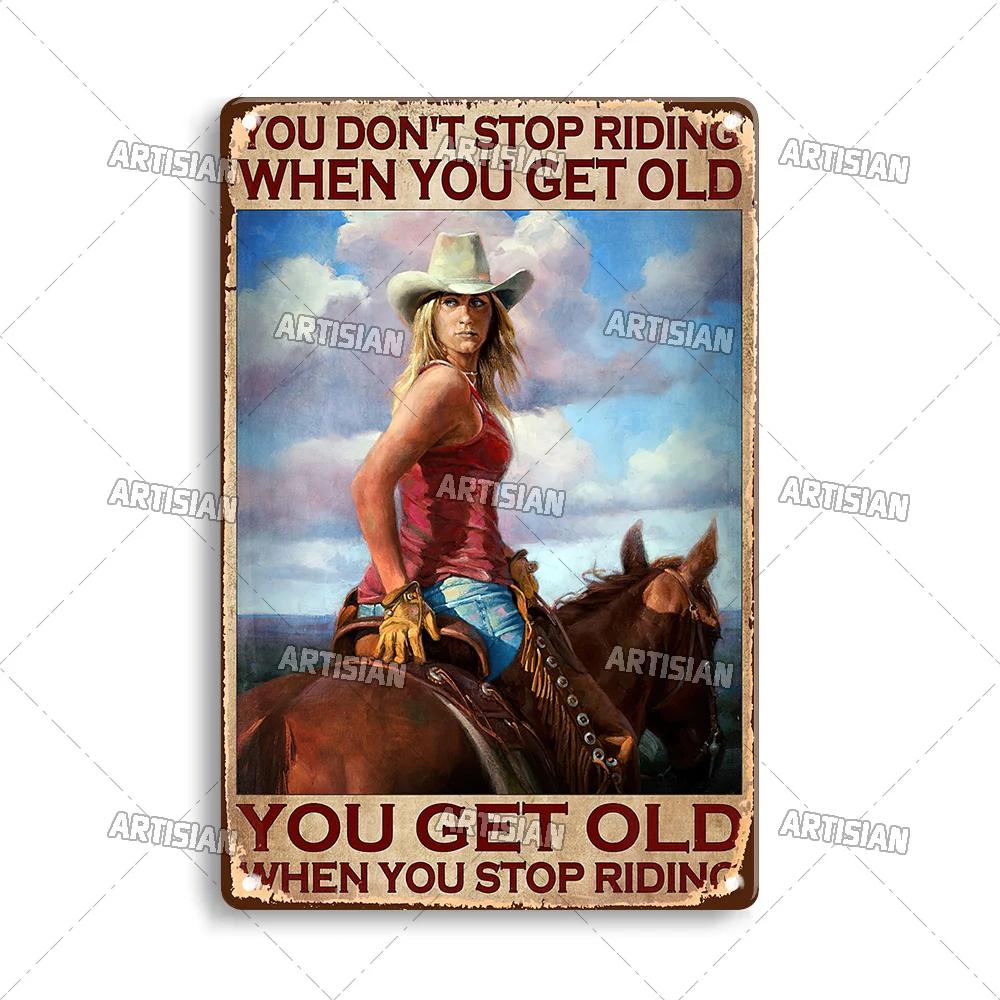 Artisian Ride Horse Metal Poster Cowgirl Cowboy Tin Plate Horse Racing Decorative Sign Wall Decor Garage Bar Pub Club Hotel Cafe