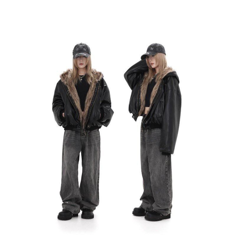 Unisex Oversize Skórzana Kurtka PU z Kapturem i Podszewką z Sztucznego Futra Norek Ciepła Zimowa Wiatroszczelna Kurtka Streetwear