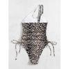 Sexy Leopard Print One-Piece Swimsuit Single Shoulder Women's Exposed Back Drawstring Bikini Sensual Poolwear Beach