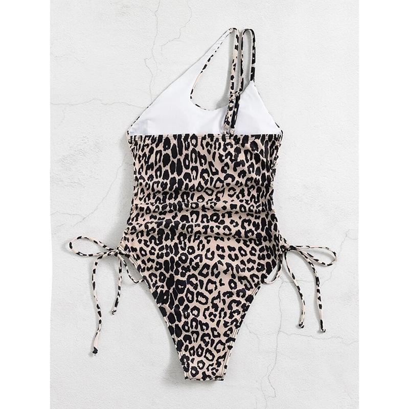 Sexy Leopard Print One-Piece Swimsuit Single Shoulder Women's Exposed Back Drawstring Bikini Sensual Poolwear Beach
