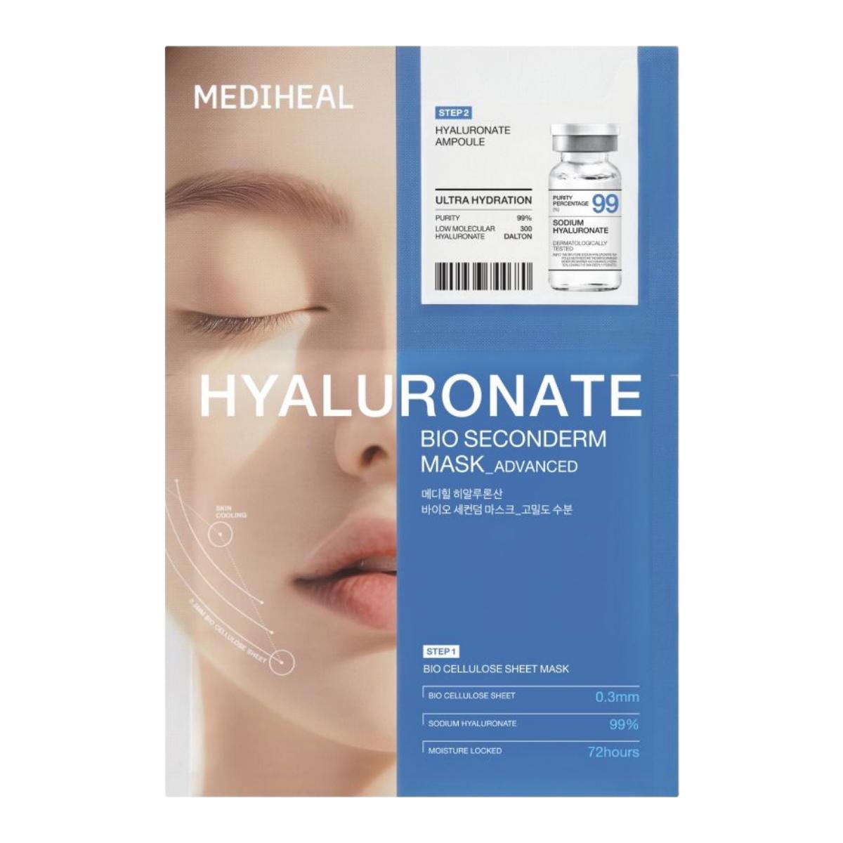 Mediheal Hyaluronic Acid Bio Seconderm Mask Ultra Hydration Pack 10 Sheets 1 Box Set - Sebum Adsorption Pore Cooling Bio-Cellulose Sheet Mask
