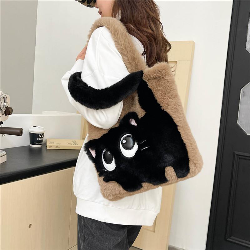 Fashion Cute Plush Cat Pattern Shoulder Bag, Autumn Winter Chic Plush Tote Bag for Women, Cartoon Cat Soft Faux Fur Handbag