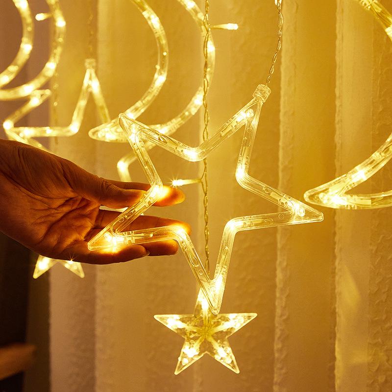 Solar LED Colorful Flashing Star & Moon Curtain Lights for Shop Windows and Outdoor Decor