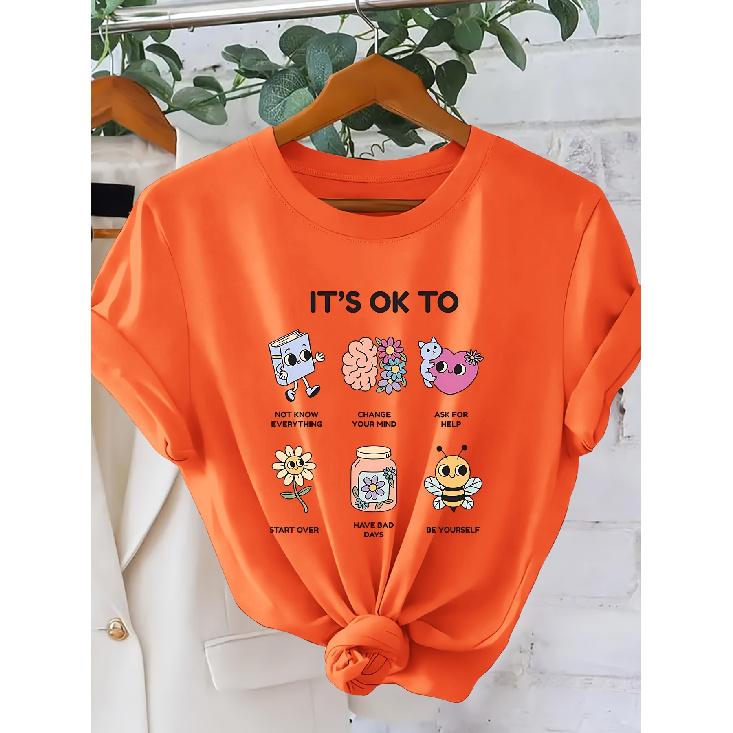 Self-Acceptance Statement for Women T Shirt | “It's OK To” Cartoon Illustration, Psychological Healing Style, Round Neck, Short Sleeves| Casual