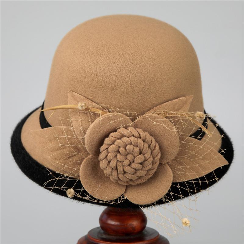 Hats for Women Warm Wool Woolen Hats for Autumn Winter Mother's Temperament Round Top Hats Elegant Retro Mesh Flower Fashion Hats