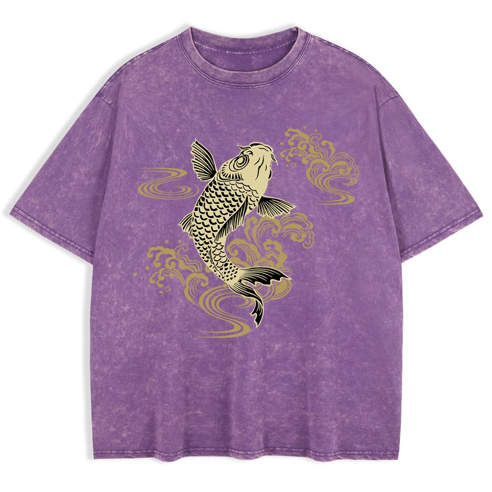 Paper Cut Koi Good Luck Prints Washed T-Shirts Mens Cotton Short Sleeve Tops Basic O-Neck Oversized T Shirt Clothes