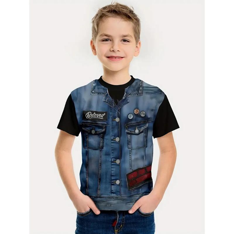 Summer Round Neck 3D False Two-piece Printed Top Role Playing Costume Fashionable Casual Short Sleeved Children's Boy T-shirts