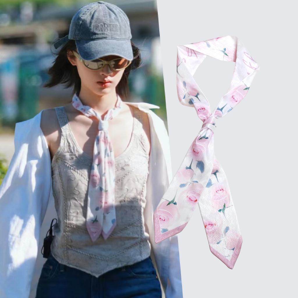 French green small long narrow silk scarf women's spring and autumn pointed corner tied bag ribbon braided hair band headgear scarf streamer belt