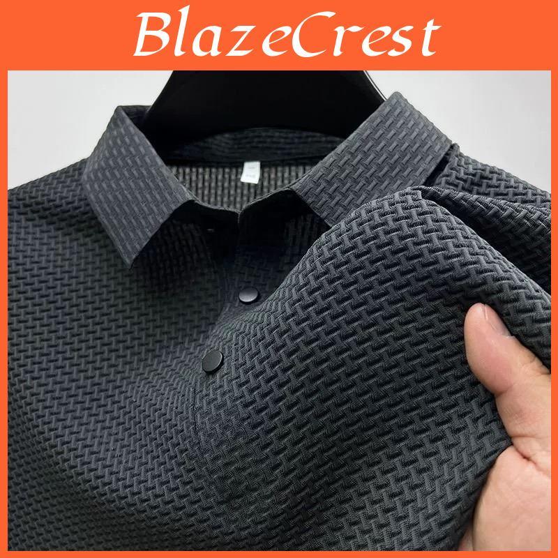 Mens Ice Summer Silk Short Sleeve Business Casual Lapel Tshirt Breathable Solid Color Versatile Trendy