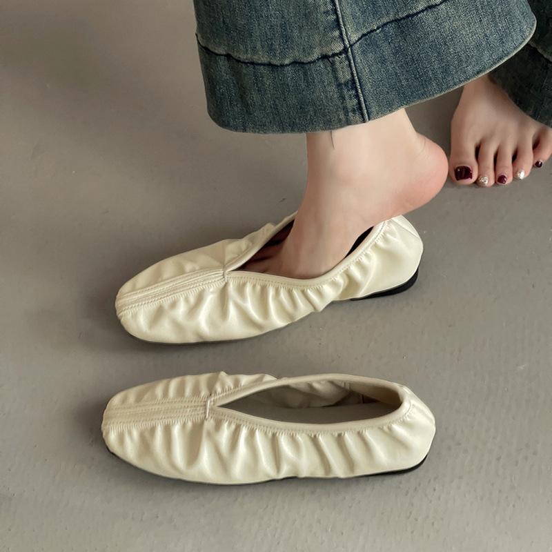 Fashion retro single shoes pleated ballet flats women's autumn temperament one pedal square head Mary Jane grandma shoes