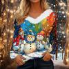 Women's Christmas Print Long Sleeve V-Neck Top with Plush Collar