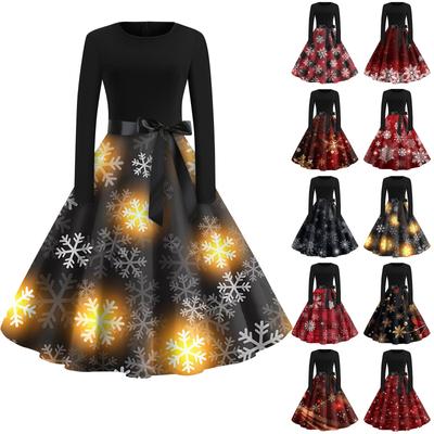 Damenmode Rundhalsausschnitt Lässig Schlank Weihnachten Bedruckte Langarmkleider
