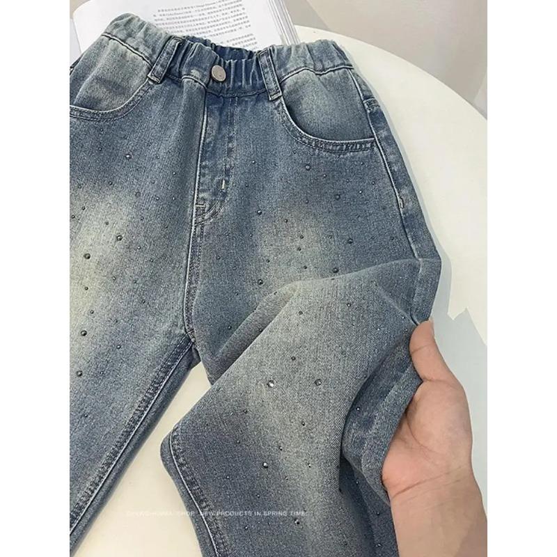 Girls Stamping Jeans Spring Autumn Children's Loose Straight Leg Pants Korean Version Girl Wide Leg Pants
