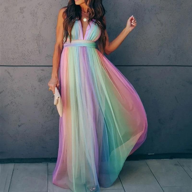 

2025 Весна/Лето Европейское и Американское Женское Сексуальное Платье с Глубоким V-образным Вырезом из Радужного Шифона Extra Large