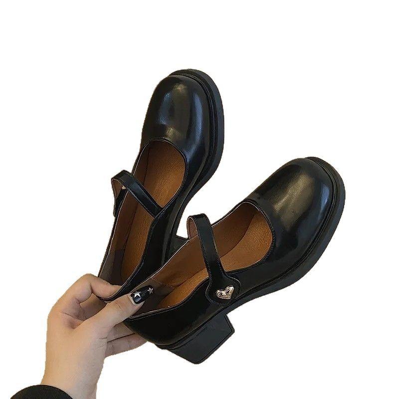2025 new JK small leather shoes women's thick heel with one-word buckle late evening wind high heel single shoes French Mary Jane shoes