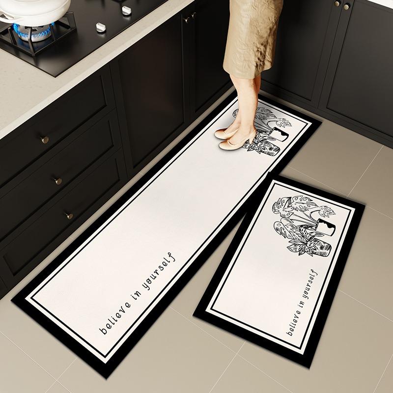 Carpet for Kitchen Non-slip Oil-resistant Erasable Leather Floor Mat Black Flower Water PVC Rugs Home Decoration Long Size Mats