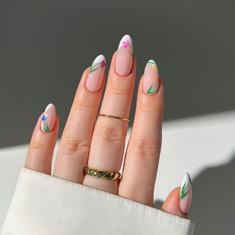 

Цветочный французский маникюр, носимые накладные ногти - набор из 24 штук Glue Type